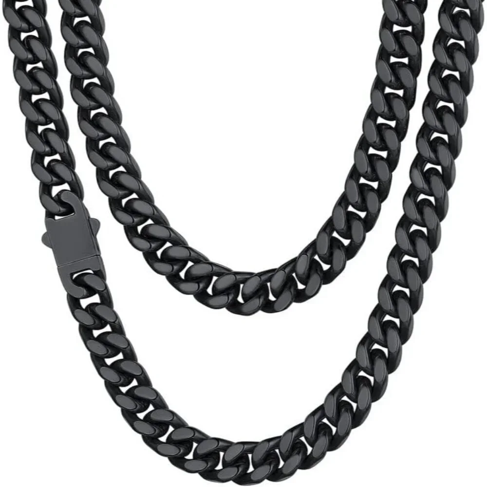 Men's 9mm Width Steel Black 18K Gold Plated Cuban Durable Hip Hop Chain Jewelry